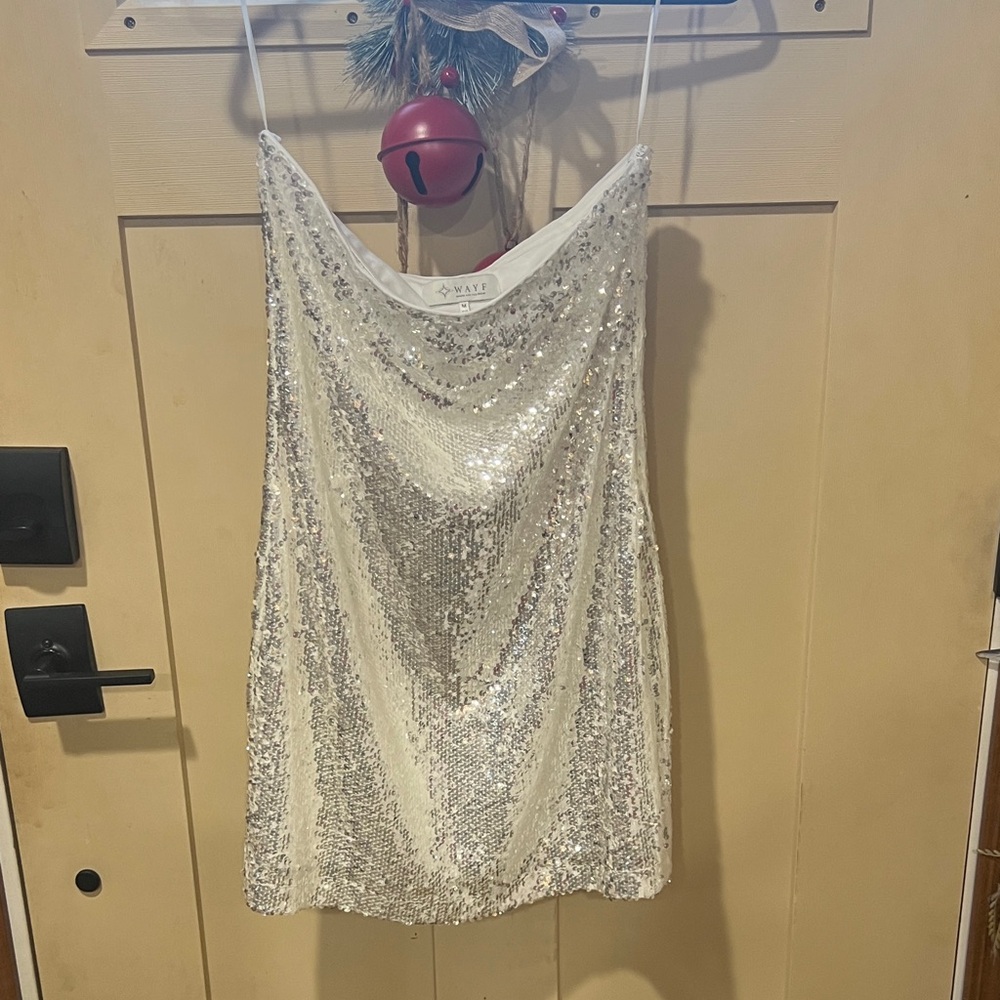 WAYF Silver Sequin straight Neck mini Dress